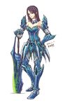  1girl armor bare_shoulders brachydios brachydios_(armor) breasts brown_eyes brown_hair capcom cleavage dated highres large_breasts monster_hunter open_mouth signature sketch smile solo sword weapon 