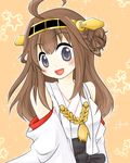  detached_sleeves double_bun hair_ornament hairband headgear japanese_clothes kantai_collection kongou_(kantai_collection) long_hair long_sleeves smile solo wide_sleeves yuetoko 