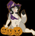  black_background bottomless breasts canine chubby clothed clothing female halloween hat holidays jack_o&#039;_lantern jack_o'_lantern licking licking_lips looking_at_viewer magic_user mammal plain_background pumpkin skimpy solo tongue torn_clothing witch wolf 