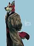  black_nose blue_background canine clothing dog ear_piercing fur green_eyes husky kentaro mammal piercing plain_background red_fur rokemi solo white_fur 