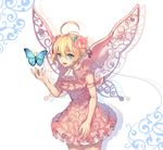  ahoge blonde_hair bug butterfly butterfly_wings fairy fairy_wings flower green_eyes hair_flower hair_ornament insect jyh original solo white_background wings 