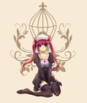  1girl birdcage black_dress black_legwear bleach cage dokugamine_riruka dress hat highres long_hair purple_hair sitting solo thighhighs twintails umi_(totoron_kjp) 