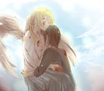  akeemi-chan angel angel_wings backlighting black_hair blonde_hair blood blood_on_face bloody_clothes blue_skirt christa_renz closed_eyes comforting hair_down holding hug long_skirt multiple_girls pleated_skirt shingeki_no_kyojin short_hair skirt tears wings ymir_(shingeki_no_kyojin) 