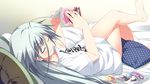  1girl barefoot bed book character_request eyes_closed game_cg grey_hair long_hair narumi_suzune shirt tojita_sekai_no_tori_colony 