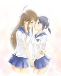  2girls blush ffyak hand_holding hug incipient_kiss multiple_girls school_uniform serafuku smile source_request yuri 