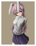  absurdres animal_ears arched_back arms_behind_back breasts bunny_ears grey_background hair_ornament hairclip highres lavender_hair long_hair looking_at_viewer medium_breasts pleated_skirt red_eyes reisen_udongein_inaba short_sleeves skirt smile solo tatetsuki touhou 