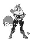  anthro big_breasts boots breasts canine cleavage clothed clothing corset dog eltonpot female greyscale hair hand_on_hip lace leather luka_cross mammal monochrome muscles muscular_female open_mouth pants plain_background pointing pose rubber screaming solo standing tongue 