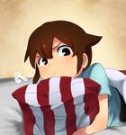  :&lt; bad_id bad_pixiv_id brown_eyes brown_hair closed_mouth endou_mamoru inazuma_eleven inazuma_eleven_(series) male_focus open_mouth pillow shiorinda solo v-shaped_eyebrows 