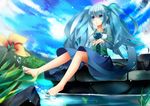  aqua_hair barefoot blue_eyes cloud corset day flower hatsune_miku highres long_hair oumi_hi skirt sky solo splashing twintails very_long_hair vocaloid water 