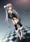  aaa_(hasmk2) arm_warmers black_legwear blue_eyes blurry boots checkered checkered_floor depth_of_field dutch_angle hand_on_hip light_particles long_hair looking_at_viewer miss_monochrome miss_monochrome_(character) purple_hair solo twintails white_footwear 
