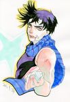  black_hair cake eating food food_on_face graphite_(medium) highres jojo_no_kimyou_na_bouken joseph_joestar_(young) male_focus marker_(medium) purple_hair rice sanhi1118 scarf solo traditional_media yellow_eyes 