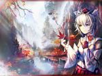  alternate_eye_color alternate_hair_color animal_ears architecture autumn_leaves bad_id bad_pixiv_id bracelet bridge castle character_name day detached_sleeves dress_shirt east_asian_architecture fingerless_gloves flying gloves hand_on_own_chest hat highres inubashiri_momiji jewelry kneehighs leaf leg_up letterboxed looking_away maple_leaf mountain multiple_girls open_hand outdoors pagoda ramudayajirushi shameimaru_aya shirt short_hair skirt stream tassel tokin_hat torii touhou tree_branch white_hair wings wolf_ears yellow_eyes yin_yang 