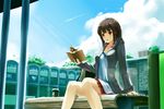  bad_id bad_pixiv_id bird book brown_hair day kyaro_(kyaro54) original short_hair sitting skirt sky solo 