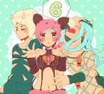  2boys alice-whiteberry bad_id bad_pixiv_id blue_hair countdown double_bun fur_hat green_eyes hat horns jojo_no_kimyou_na_bouken kuujou_jolyne long_hair lowres multiple_boys narciso_anasui number pink_hair spoken_number weather_report 