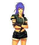  blue_eyes blue_hair breasts crop_top crossed_arms earrings gloves high_collar hiroaki_(kof) jewelry leona_heidern long_hair medium_breasts midriff official_art ponytail shorts snk solo the_king_of_fighters the_king_of_fighters_ex2 