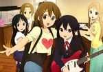  :d absurdres akiyama_mio blazer casual cup dress electric_guitar guitar guitar_case hair_ornament hairband hairclip heart heart_print highres hirasawa_yui holding horiguchi_yukiko instrument instrument_case jacket k-on! kotobuki_tsumugi looking_at_viewer megami multiple_girls music nakano_azusa official_art open_mouth outstretched_arm overshirt playing_instrument round_teeth sakuragaoka_high_school_uniform saucer school_uniform smile tainaka_ritsu teacup teeth ton-chan v 