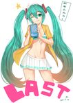  2013 absurdres aqua_eyes aqua_hair bikini_top dated front-tie_top hatsune_miku headset highres long_hair miniskirt navel one_eye_closed open_clothes open_shirt shirt shuizhanglang skirt solo twintails very_long_hair vocaloid white_background 