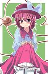  alternate_color alternate_hair_color blush eyeball hat hat_ribbon heart heart_of_string komeiji_koishi long_sleeves noa_(nagareboshi) pantyhose pink_eyes player_2 purple_eyes ribbon short_hair skirt skirt_lift solo third_eye touhou white_legwear wide_sleeves 