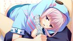  1girl censored game_cg miyamori_korone narumi_suzune penis pink_hair purple_eyes tojita_sekai_no_tori_colony 