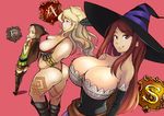  amazon_(dragon's_crown) armor ass bare_shoulders bikini_armor blonde_hair boots braid breast_envy breasts brown_hair circlet cleavage detached_sleeves dragon's_crown dress elf_(dragon's_crown) feathers gloves hat hood huge_breasts long_hair multiple_girls muscle sorceress_(dragon's_crown) thigh_boots thighhighs tohogaeru twin_braids witch_hat 