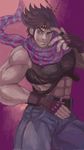  bad_id bad_pixiv_id black_hair doro_in fingerless_gloves gloves headband jojo_no_kimyou_na_bouken joseph_joestar_(young) male_focus manly midriff muscle purple_eyes scarf solo 