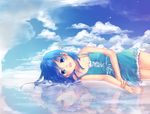  :d bangs bare_arms blue_eyes blue_hair blush cloud commentary_request day dress happy hinata-t6 looking_at_viewer lying on_side open_mouth original outdoors reflection ribbon-trimmed_clothes ribbon_trim short_hair sky sleeveless sleeveless_dress smile solo water 