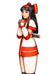  black_hair bow capcom_vs_snk elbow_gloves fingerless_gloves gloves hair_bow hairband hands_clasped long_hair mori_toshiaki nakoruru official_art own_hands_together red_bow samurai_spirits scabbard sheath short_sword snk solo sword weapon 