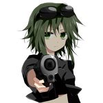  absurdres finger_on_trigger goggles goggles_on_head green_eyes green_hair gumi gun highres holding holding_gun holding_weapon kyoushuu_sakusen_(vocaloid) marirero_a short_hair solo transparent_background vocaloid weapon 