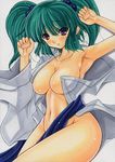  alternate_breast_size aqua_hair arm_up armpits bad_id bad_pixiv_id blue_eyes bottomless breasts curvy hair_bobbles hair_ornament kisume large_breasts long_hair navel no_bra older open_clothes open_robe robe simple_background solo touhou traditional_media twintails white_background yutakasan-love 