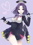  breasts glaive gloves heart kantai_collection large_breasts mar7 mechanical_halo purple_hair school_uniform short_hair smile solo tatsuta_(kantai_collection) 