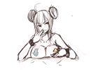  ahoge blush breasts cleavage directional_arrow double_bun hand_to_own_mouth highres large_breasts nude panties_(pantsu-pirate) pasties personification red_eyes reddit reddit-tan short_hair solo wristband 