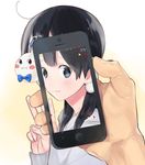  black_hair blue_eyes cellphone iphone kitashirakawa_tamako long_hair low_twintails mole mole_on_neck momose_(oqo) phone smartphone tamako_market twintails v 