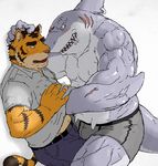  anthro belt biceps big_muscles clothing duo fangs feline fin fish fishmen fur gay grin gripping hair holding interspecies male mammal marine mile muscles open_mouth pants pecs pose scales sgpark_(pixiv) shark shirt teeth tiger tongue topless 