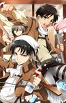  2boys belt black_eyes black_hair blue_eyes boots bottle cleaning dual_wielding emblem eren_yeager head_scarf holding jacket kurot levi_(shingeki_no_kyojin) long_sleeves mikasa_ackerman mop multiple_boys open_mouth paradis_military_uniform scarf shingeki_no_kyojin short_hair spray_bottle survey_corps_(emblem) thigh_strap three-dimensional_maneuver_gear window wiping 