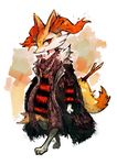  braixen clothed_pokemon fashion fur_coat gen_6_pokemon highres no_humans pokemon pokemon_(creature) red_eyes scarf shizuku_(asanuma) smile snout solo stick striped sweater 