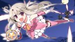  ankle_wings boots chibi chibi_inset cross detached_sleeves falling fate/kaleid_liner_prisma_illya fate_(series) feathers flying full_moon gloves hair_feathers highres illyasviel_von_einzbern ishida_akira long_hair luviagelita_edelfelt magical_girl magical_ruby moon multiple_girls official_art open_mouth pink_footwear pink_legwear prisma_illya red_eyes solo_focus thigh_boots thighhighs toosaka_rin wallpaper wand white_gloves zettai_ryouiki 