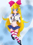  1girl artist_request blonde_hair blue_background blue_hair blush cosplay dokidoki!_precure elbow_gloves female g-string gloves hairband kantai_collection long_hair midriff navel patterned_legwear precure red_ribbon regina_(dokidoki!_precure) ribbon ruriruri shimakaze_(kantai_collection) shimakaze_(kantai_collection)_(cosplay) skirt solo striped striped_legwear thighhighs thong touching two-tone_stripes underwear uniform zettai_ryouiki 