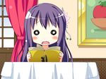  1girl arihara_nodoka chibi food game_cg narumi_suzune purple_eyes purple_hair solo tojita_sekai_no_tori_colony 