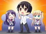  1boy 2girls arihara_nodoka blonde_hair blush brown_hair chibi eyes_closed game_cg green_eyes kagami_inori kamikihara_motofumi multiple_girls narumi_suzune purple_hair tojita_sekai_no_tori_colony twintails 