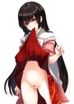  bad_id bad_pixiv_id black_hair blush condom houraisan_kaguya long_hair mouth_hold navel no_panties pubic_hair pussy red_eyes ruuto_(sorufu) simple_background skirt skirt_in_mouth skirt_lift solo touhou white_background 