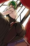  ass bent_over blazblue dutch_angle from_behind green_hair hazama kaneaki_mukku male_focus smile solo vest 