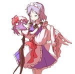  apron bad_id bad_pixiv_id barefoot bat_wings bow braid carrying closed_eyes hair_bow hat hat_ribbon izayoi_sakuya lavender_hair light_smile maid_headdress minust mob_cap multiple_girls parted_lips princess_carry puffy_short_sleeves puffy_sleeves remilia_scarlet ribbon short_hair short_sleeves silver_hair simple_background skirt skirt_set touhou twin_braids waist_apron white_background wings wrist_cuffs 