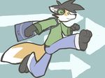  3_toes abstract_background anthro arrow black_hair canine clothing directional_arrow fox fur gloves_(marking) hair headphones mammal markings odendo orange_fur pants ronin running satchel shirt simple_background socks_(marking) solo white_fur 