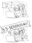  1boy 1girl 2koma ahoge blush claire_(ego_trigger) comic computer double_thumbs_up ego_trigger english greyscale highres laptop matsu-sensei matt_(ego_trigger) monochrome original portmanteau pun romaji thumbs_up watching 