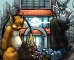  4_toes ambiguous_gender beherit city claws clothing eeveelution glaceon group macro male mammal nintendo nommz nommz_(character) pawpads pok&#233;mon pok&eacute;mon quince raichu rodent size_difference toe_claws video_games 