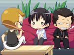  3boys brown_hair chibi couch game_cg kamikihara_motofumi multiple_boys narumi_suzune table tojita_sekai_no_tori_colony 