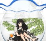  barefoot birdcage black_eyes black_hair bottle cage commentary fishbowl highres hourglass in_container leg_hug long_hair looking_at_viewer marble original pebble sitting solo water_bottle yajirushi_(chanoma) 