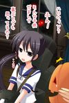  1girl admiral_(kantai_collection) akebono_(kantai_collection) bell flower hair_bell hair_flower hair_ornament halloween jingle_bell kantai_collection long_hair mutsuki_shougatsu pumpkin school_uniform serafuku shitty_admiral_(phrase) solo_focus tears translated 