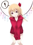  1girl :o absurdres alternate_costume bare_legs blonde_hair bottomless flandre_scarlet hair_ribbon head_tilt highres hood hoodie looking_at_viewer naked_hoodie no_pants red_eyes ribbon shinohara_akiba short_hair side_ponytail simple_background solo speech_bubble spoken_exclamation_mark touhou v_arms white_background wings 