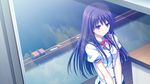  1girl arihara_nodoka game_cg narumi_suzune purple_eyes purple_hair school_uniform tojita_sekai_no_tori_colony uniform 